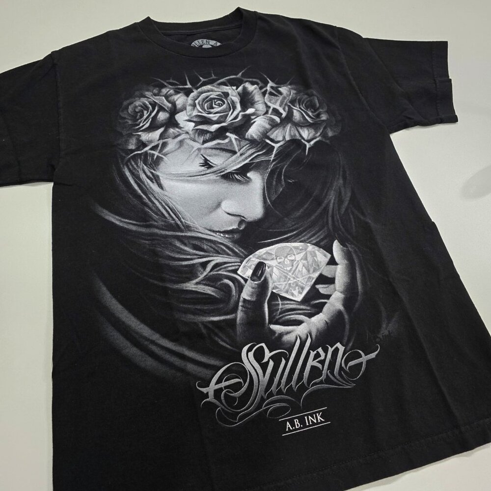 Sullen ✦ Double Sided Tattoo Art Graphic Tee ✦ Black Femme Diamond Roses M - Picture 7 of 12
